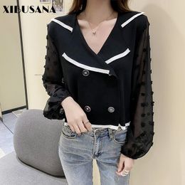 Women V-neck Knitted Shirts Spring Autumn Female Puff Long Sleeve Casual Chic Chiffon Patchwork Blouses Knitting Tops 210423