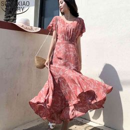 Midi Long Dress Vestido Women Short Sleeve Floral Print Summer Lace-up V-neck Chiffon es Red Ruffles Party 10178 210508