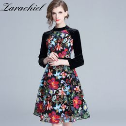 Vintage Black Velvet Patchwork Floral Embroidery Women Knee-length Wrist Sleeve A-line Bohemian Flower Female Dress 210416