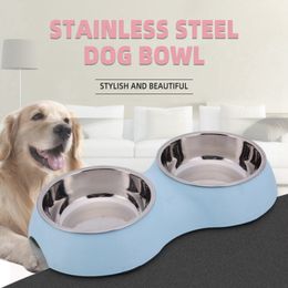 Eco-Friendly Durable Stainless Steel Pet Dog Bowls Puppy Dogs Double Bowl Feeder Pets Cat High-grade Non-slip Feeding Dishes Water Food Container 3 colour