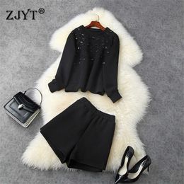 Street Style Fashion Women Long Sleeve Bead Loose Space Cotton Hoodies Top and Shorts Suit Set Casual 2 Piece Outfit Autumn 210601