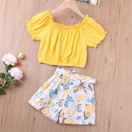 Summer Puff Sleeve Short Top+Butterfly Print Shorts 2Pcs Clothing Sets Children's Girl 210528