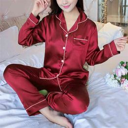 2PCS Pyjamas Sets Women Lapel Imitation Silk Long Sleeve Home Wear Ladies Mujer Sexy Satin Tops+Pants Nightgown Sleepwear Autumn 210830
