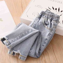 Casual Spring Autumn 2 3 4 6 8 9 10 Years Children Pocket Elastic Cotton Hole Light Denim Blue Jeans For Kids Baby Girls 210529