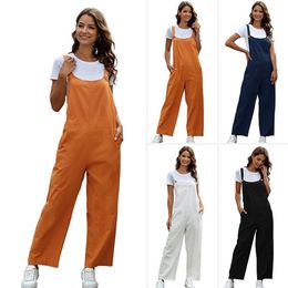 Women Vintage Jumpsuit Summer Straps Button Long Rompers Casual Pocket Office Straight Overalls Fashion Loose Wide Leg Playsuits 210522