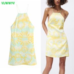 Women Dresses Yellow Floral Print Backless Halter Dress Woman Summer Sexy Thin Strap Evening Party Lining 210430