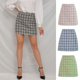 Wool Weave Plaid A Line Women Mini Skirt High Waist Slim Patchwork Female Short Skirts Autumn Winter Fashion Ladies Bottoms 210518