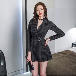 Fashion Office Chic OL Elegant Lace up Jumpsuits Women Autumn Stripe Rompers Belted Waist Office Wear Playsuits 210514