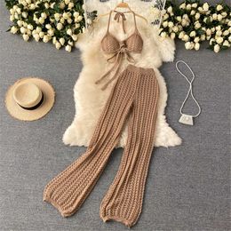Women Beach Two Pieces Sets Summer Sexy Bikini Bandage Tops Loose Casual Pants Suits Hollow Knitted Outfits Female Clothes 2021 Y0625