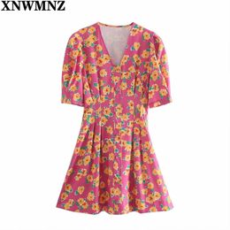 Women Chic Fashion With Buttons Floral Print Mini Dress Vintage Puff Sleeve Side Zipper Female Dresses Mujer robe 210520
