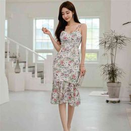 ladies retro Flore Dress for women Summer Lace Sleeveless Sling elegant print linen Sexy Midi Party Dresses 210602