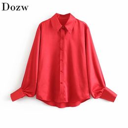 Plus Size Vintage Chic Red Blouse Women Fashion Lantern Long Sleeve Solid Shirt Elegant Turn Down Collar Casual Office Tops 210414