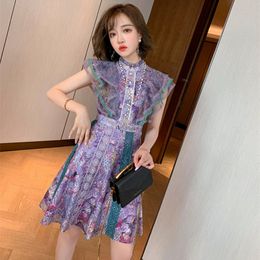 Summer Shinny Flower Print Embroidery Patchowrk Lace Mesh Beach Dress Female Elegant Butterfly Sleeve Purple Mini Dresses 210416