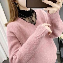 Women Pullover Lace Winter Oversized Sweater Elegant Knitted Basic Pullovers O Neck Loose Soft Female Cashmere Jumper 210427