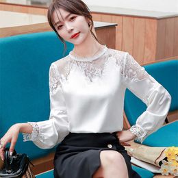 Korean Silk Blouse Women White Blouses Lantern Sleeve Shirt Woman Satin Lace Tops Embroidery Shirts XXL 210604