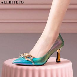 ALLBITEFO chain design fashion genuine leather women heels shoes girls spring gloden heels sexy party wedding shoes high heels 210611