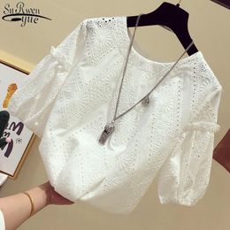 White Lace Top Women Korean Summer Shirts Hook Flower Short Sleeve Shirt Fashion Small Blouse 13439 210427