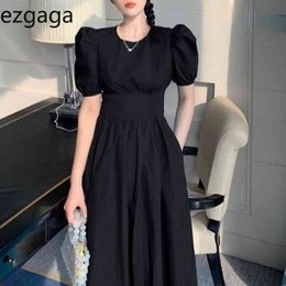 Ezgaga Elegant Vintage Short Puff Sleeve Solid Women Dress Loose High Waist Summer New Korean Fashion Dresses Vestidos 210430