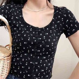 90's Vintage O neck Rib Short Sleeve Tee Base T-shirts Cool Girl Single-breasted Buttons T-shirt crop top 5 Colours 210429