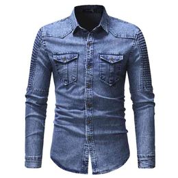 Spring Autumn High Quality Denim Shirt Men Casual Long Sleeve Fit Slim Personality Pocket Black Blue plus size 3XL 210721