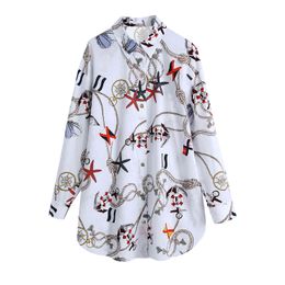 Women Fashion Oversized Printed Button-up Blouses Vintage Long Sleeve Side Vents Female Shirts Blusas Chic Tops 210430