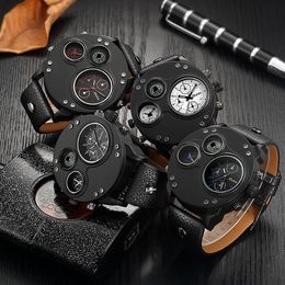 Oulm Brand Smooth Luster Celebrity Quality Quartz Watch Compass Mens Watches Dual Time Zone Large Dial Masculinity Wristwatches296P