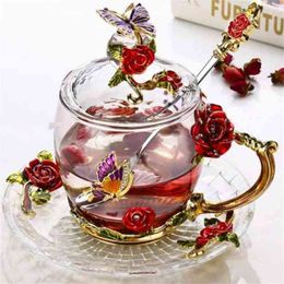 Red Rose Enamel glass coffee mugs tea cups and mugs Handmade heat resistant glasses water Cup drinkware lover gift wedding cup 210804