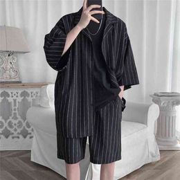 Summer Men Sets Short Sleeve Shirts Shorts Letter Striped Casual Tracksuit Oversize Lightweight Black White Team Suit Clothing G220224