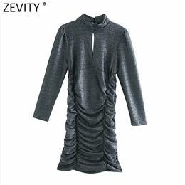 Women Turtleneck Collar Metallic Color Slimming Pleated Mini Dress Femme Long Sleeve Front Hole Vestido Cloth DS4693 210420