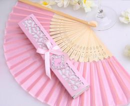 Personalised Luxurious Silk Fold hand Favour gfit Fan in Elegant Laser-Cut Gift Box +Party Favors/wedding Gifts 100 pcs #362