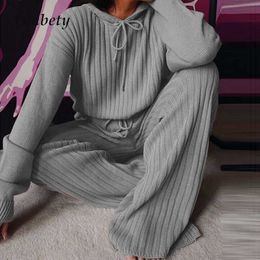 Autumn Winter Casual Solid Knit Two Pieces Sets Women Long Sleeve Hoodies And Loose Pants Suit Female Streetwear Sportwear Suits Y0625