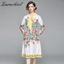 Women Sweet Position Letter Floral Print Shirt Ladies Autumn Long Sleeve Yellow Bow Collar Vestidos Chic Female Midi Dress 210416