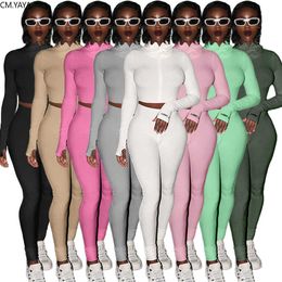 CM.YAYA Sport Women Two Piece Set Zippr Up Knitted Tops Pencil Jogger Sweatpants Suit Tracksuit Fitness Outfit Matching 210930