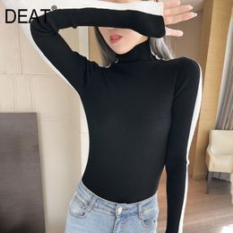 [DEAT] Black And White Patchwork Long Sleeve High Collar Colour Contrast Two Sides Wear Y2k Clothes Mall Goth Spring GX380 210428