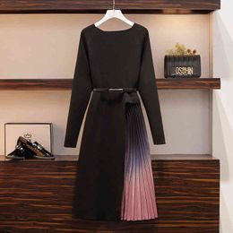 Autumn Winter Elegant Knitted Patchwork Gradient Pink Pleated Dress Women Long Sleeve Office One-Piece Sweater 804C 210420