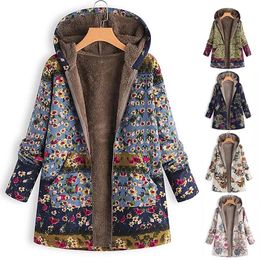 Floral Print Warm Coat Women Winter Long Sleeve Hooded Jacket Fluffy Fur Fleece Cozy Zipper Outwear S-5XL