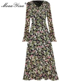 Fashion Designer dress Spring Summer Women's Dress V-neck Ruffles Floral-Print Slim Vacation Dresses 210524