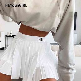 HEYounGIRL Casual White Mini Pleated Skirts Shorts Letter Print High Waisted Short Skirt Korean Preppy Style Summer Dance 210621