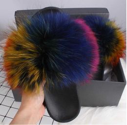 Real Fox Hair Fur Slippers Womens Summer Slides Flip Flops Popular Fluffy Fur Sandals Beach Woman Shoes Slipper