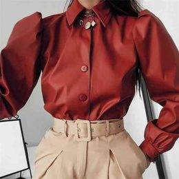 1Autumn Leather Blouse Tops Women Long Sleeve Puff Shirt Ladies Winter Casual Fashion Button Black 210514