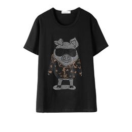 Fashion Diamond Cartoon Large Size T-Shirt Women Summer Loose Short Sleeve Black Drilling Tops Tees T109 210623