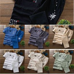 Large Size Pure Colour Men Two-Piece Set Summer New Embroidered Tshirt and Ankle-Length Pants Blue Black Khaki White 6xl X0610