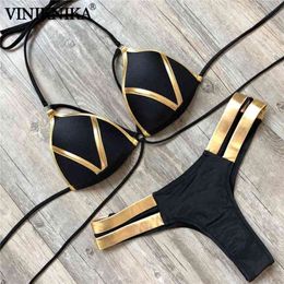 Black Bandage Swimsuit Sexy Brazilian Bikini Push Up Swimwear Women Micro Bikinis Plus Size Beachwear Shiny Gold 210702