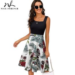 Nice-forever Summer Women Vintage Floral Patchwork Sun Dresses Casual Sleeveless Flare Dress 1btyA090 210419