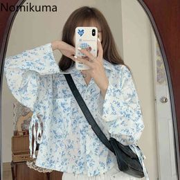 Nomikuma Arrival Long Sleeve Lace Up Floral Printed Shirts Women Single Breasted Casual Blouse Sun Protection Blusas 3c266 210514