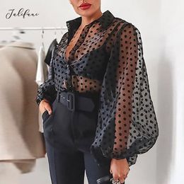 Spring Elegant Polka Dot Casual Blouse Women Puff Sleeve Turn-down Collar See Through Loose Buttons Shirt Vintage Top Mujer 210415