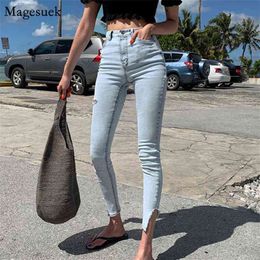 Fall Women Trousers Streetwear High Waist Stretch Skinny Jeans Pants Split Cuff Ripped Hole Female Pencil 10397 210518