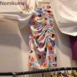 Nomikuma Korean Style Jupe Floral Printed Skirt Women Arrival High Waist Ruched Design Summer Mid Calf Skirts Faldas Mujer 210514