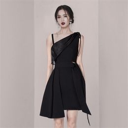 Women Sexy Slash neck Swing Skater Dress Black Robes Off Shoulder A-line Mini Ladies Club Night Party Vestidos Mujer 210603