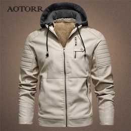 Men's Motorcycle Jacket Hooded Autumn Winter Faux PU Leather Jackets Men Casual Solid Biker Coat Zipper Fleece Coats 211119